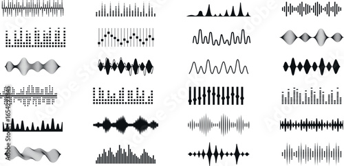 Sound wave icons set, equalizer music beats, digital audio waveform vector