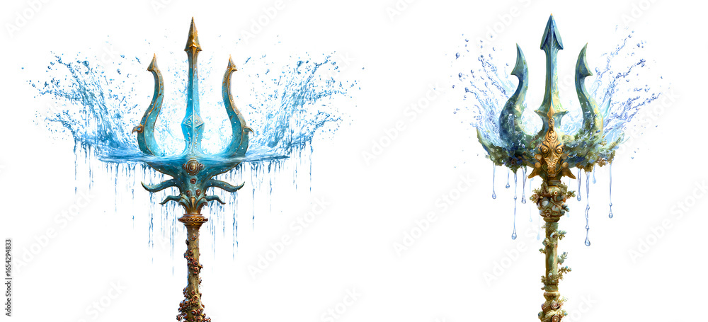 Obraz premium Set of ancient tridents wielded by ocean gods with enchanted water and barnacles isolated on a white or transparent background