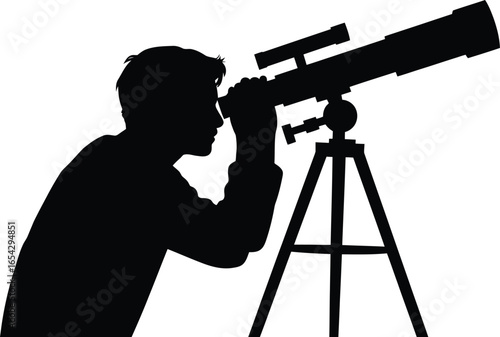 Young person gazing through telescope at night sky silhouette