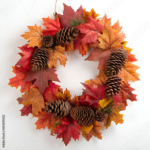 An autumnal wreath made of colorful maple leaves.