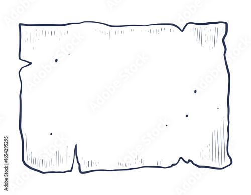 Vector illustration of Paper Sheet or Parchment Map with hand drawn edges and texture. Linear drawing for pirate design or adventure kits. Engraved sketch for treasure maps and navigation projects.