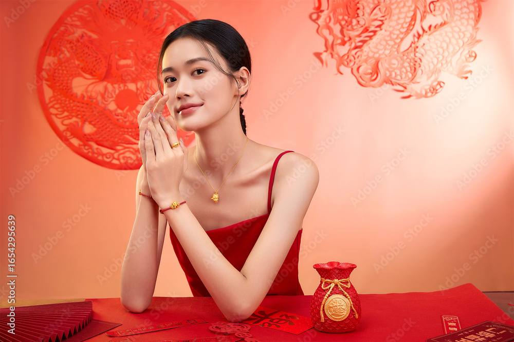 Naklejka premium Young woman in red dress showcasing traditional decorations and jewelry Chinese word means good luck.