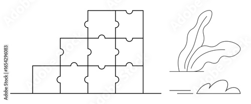 Tower of interconnected puzzle pieces emphasizing teamwork and progress. Abstract plants add balance. Ideal for collaboration, organization, problem-solving, growth, planning, structure, simplicity
