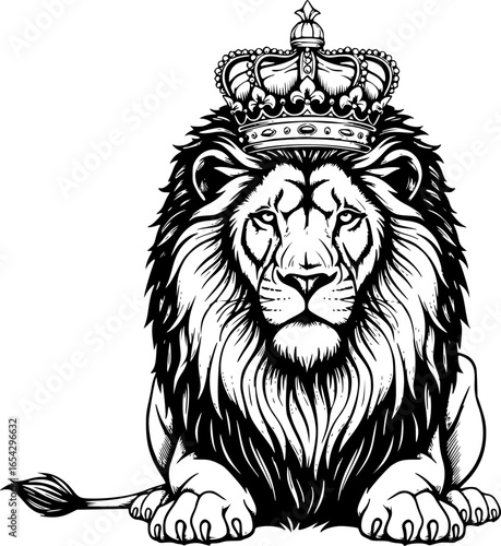a majestic lion with a regal crown, intricate details, black and white drawing