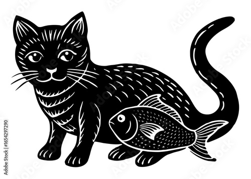 Cat with Fish Silhouette SVG | Cute Cat Scene Vector Clipart for Cricut and Pet Lovers