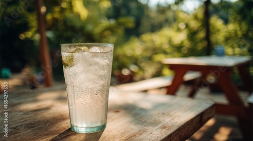 Iced water glass outdoors