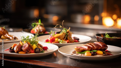 Fototapeta Naklejka Na Ścianę i Meble -  A selection of gourmet dishes artfully arranged, ready to be enjoyed in a warm, inviting setting.