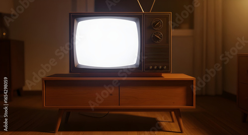 Vintage Television with Bright Blank Screen on Wooden Cabinet in Dark Room, Retro Technology with Copy Space