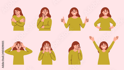 Various emotions of a young woman: joy, happiness, fear, sadness, surprise, self-acceptance, thinking, confidence. Vector illustrations, simple flat design, doodle, hand drawn. Mental health, selfcare