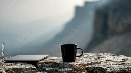 Laptop and coffee on mountain rocks