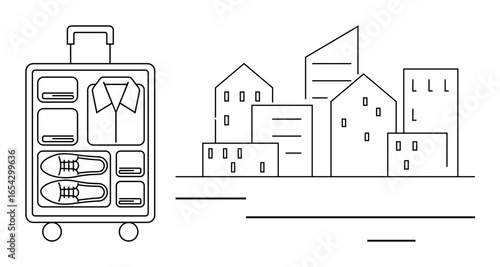 Exterior view of buildings next to neatly packed suitcase with clothing and shoes. Ideal for travel, packing tips, urban lifestyle, tourism, organization, minimalism, simple flat metaphor