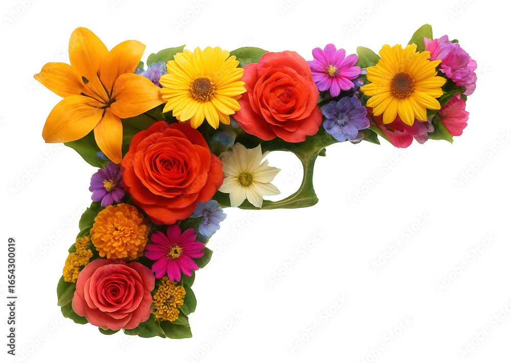 Fototapeta premium Collage of flowers arranged in the shape of a gun.