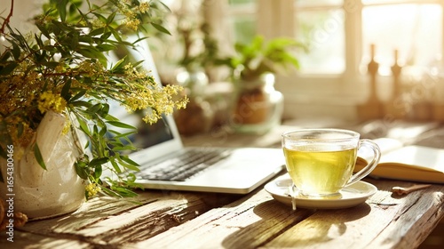Laptop tea rustic table morning