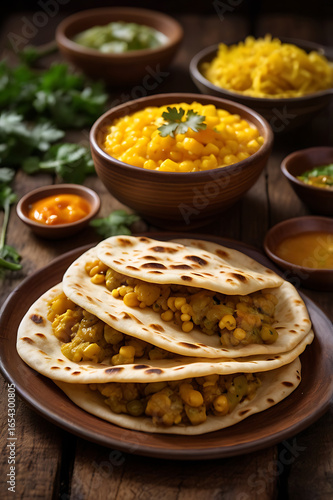 Authentic Mauritian dish called Dholl Puri, soft thin flatbreads stuffed with spiced yellow split peas. Island food. Traditional African food. Flatbread varieties and stuffing. 