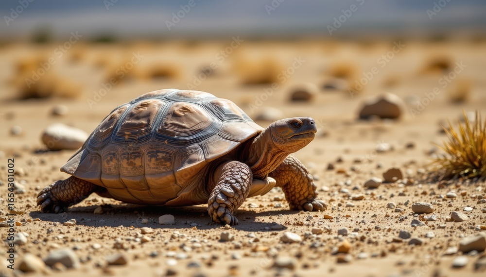 Obraz premium Serene tortoise photographed in a slow moving pose in a desert plain with dry grass and scattered ro