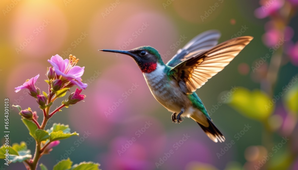 Fototapeta premium Serene hummingbird photographed in a hovering pose near blooming flowers