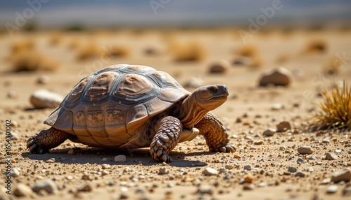 Serene tortoise photographed in a slow moving pose in a desert plain with dry grass and scattered ro