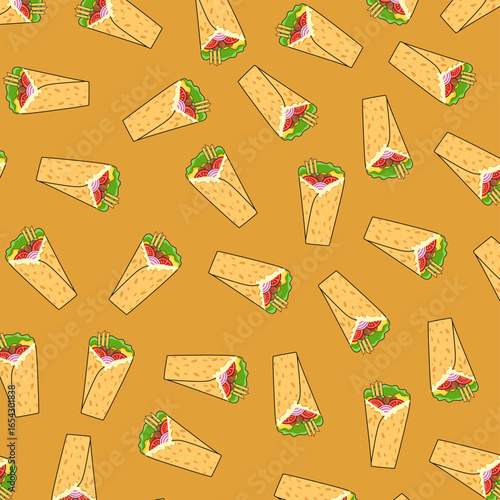 Seamless pattern of Kebab. Background pattern kebab. Hand drawn fast food shawarma. 