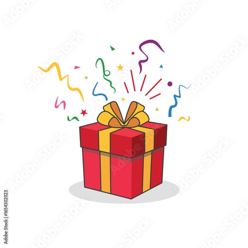Surprise Gift box with confetti and ribbon, a present for celebrations.