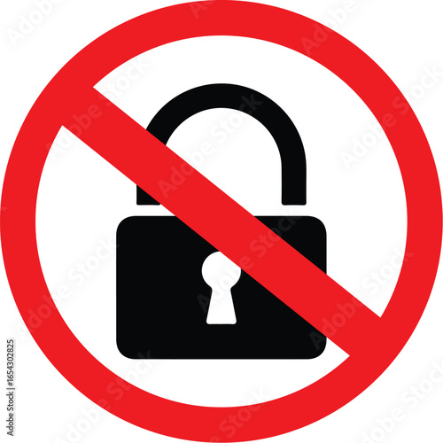 prohibition sign with black padlock silhouette and red circle symbol for no lock access restriction warning