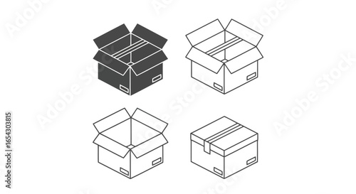 Isometric view of open and closed cardboard boxes isolated on white background