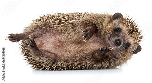 Upside-down hedgehog with tiny paws and sharp claws on a white background