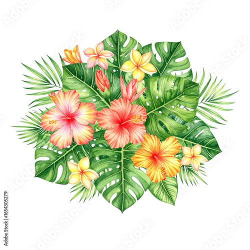 Watercolor of Tropical spring floral green leaves and flowers s isolated on transparent png background, bouquets greeting or wedding card decoration