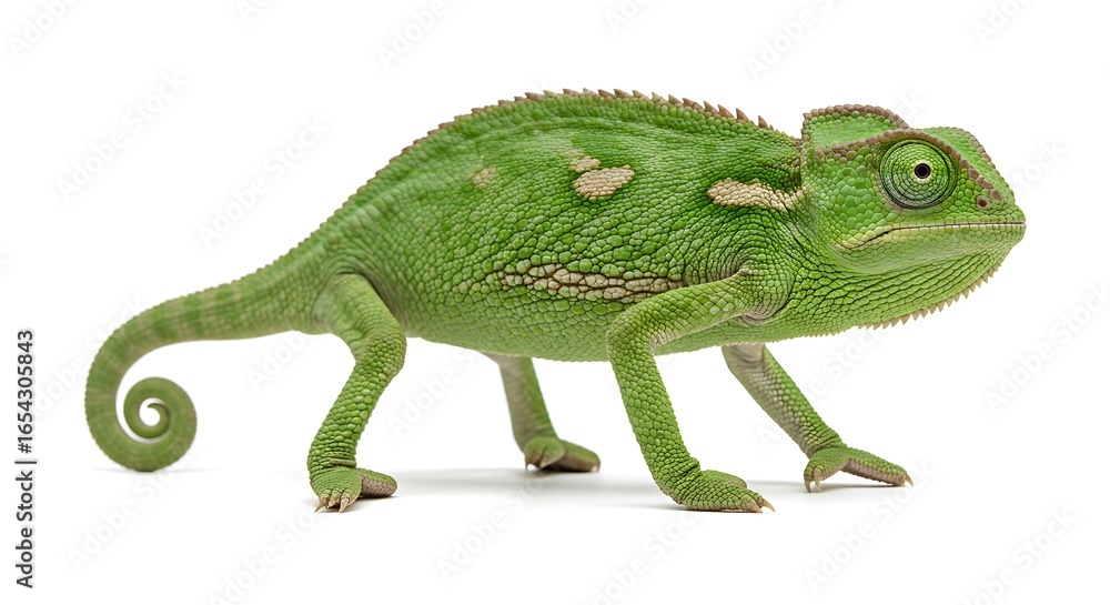 Fototapeta premium Vibrant Green Chameleon with Curled Tail on White Background