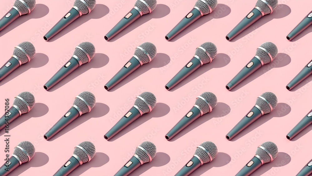 Naklejka premium Symmetrical Grid of Classic Microphones on a Soft Pink Background