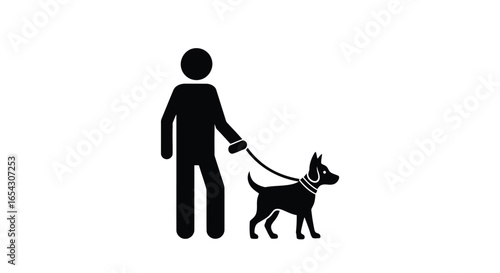 Silhouette of a man walking a dog on a leash isolated on white background