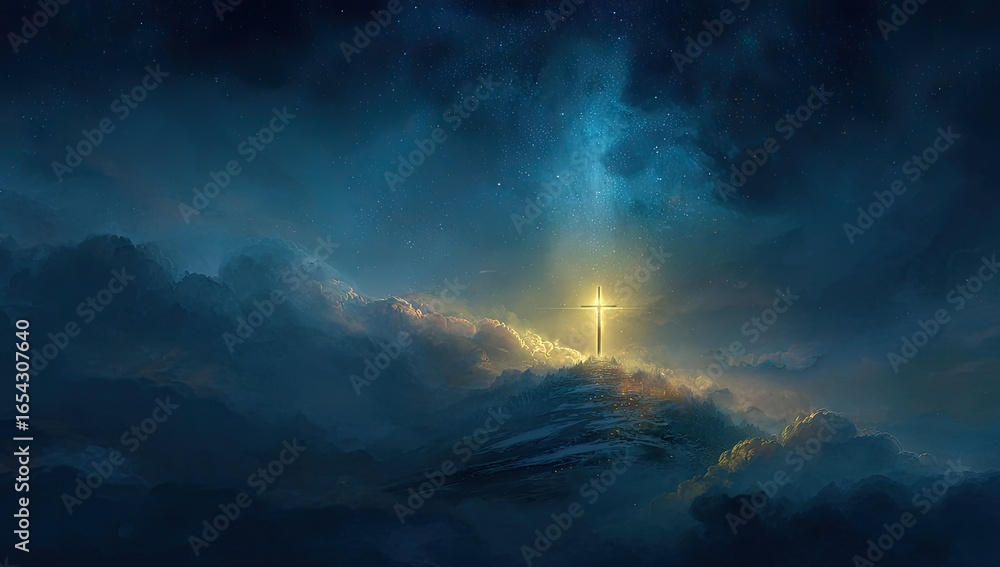Fototapeta premium Glowing cross atop mountain, starry night sky