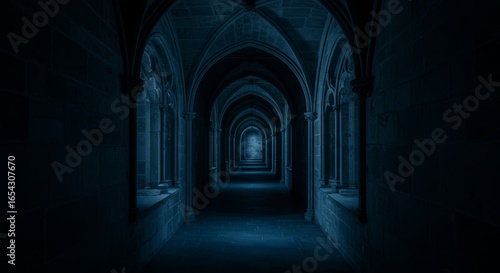 Ethereal Gothic Architecture: Mystical Blue Hallway with Evocative Lighting