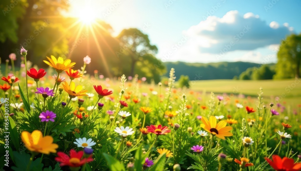 Fototapeta premium Sunlit meadow ablaze with diverse wildflowers , sunlight, summertime
