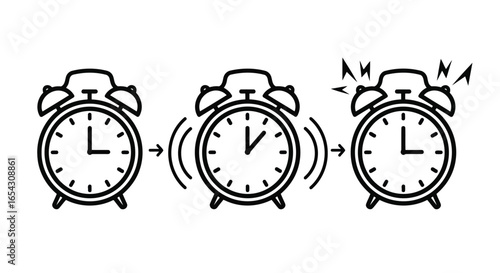 Alarm clock sequence showing time and ringing isolated on white background
