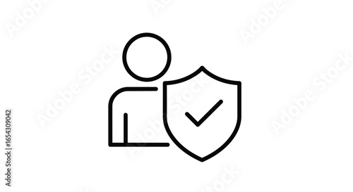A person protected by a shield with a checkmark isolated on white background