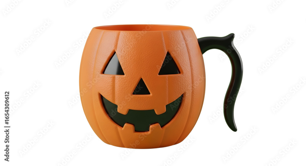Fototapeta premium Whimsical jack-o'-lantern mug brings festive Halloween spirit and playful charm to any drink or seasonal decor.