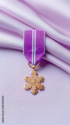 Purple ribbon award with ornate medal, symbolizing achievement and recognition, suitable for celebrations and ceremonies.
