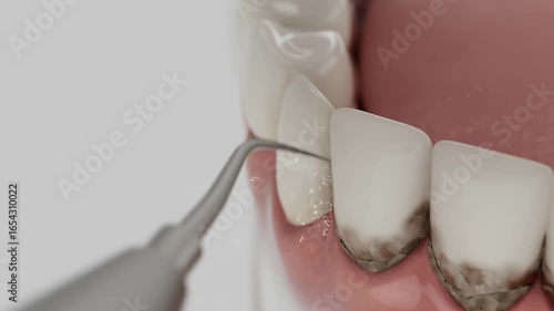 High-quality 3D medical animation showing professional dental cleaning procedure. Close-up of teeth with tartar and plaque removal using ultrasonic scaler