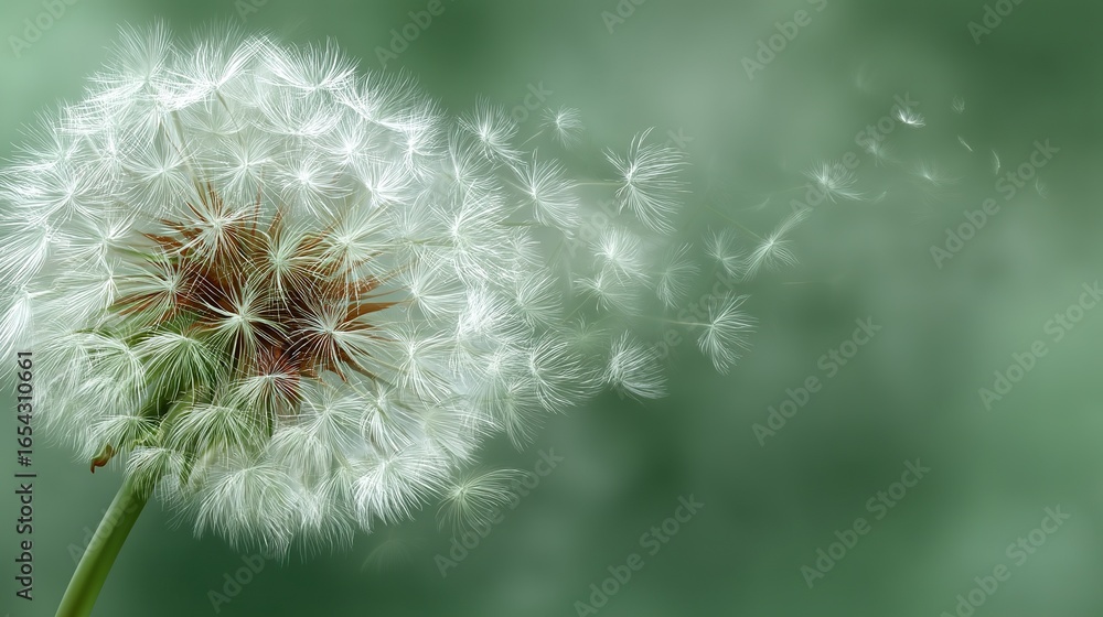 Fototapeta premium Dandelion Seed Dispersal in Nature, Symbolizing Journey, Graduation, and the Concept of New Beginnings.
