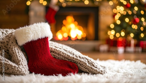 Snug mantel stocking — red wool stocking tucked on a plush rug with roaring fireplace & tree bokeh (holiday scene)
