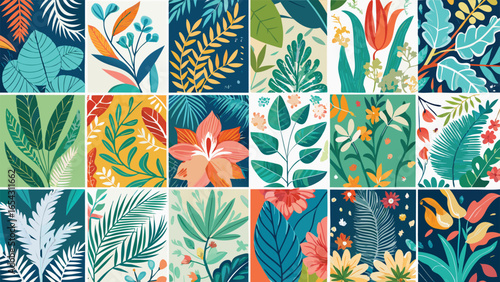 A collection of seamless floral patterns featuring various colorful flowers and leaves on a light background..eps