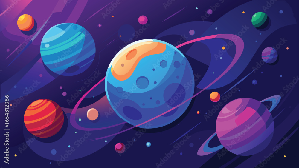 Naklejka premium A detailed illustration depicting a cosmic scene with various planets and shining stars scattered across the universe..eps