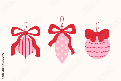 Pink Christmas Ornament with Bow Set. Hand drawn coquette romantic Holiday decoration collection with curly tied ribbons, hearts, stripes, waves. Vector illustration