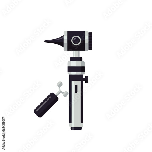 Illustration of an otoscope, a medical instrument used for examining the ear, with an additional attachment.