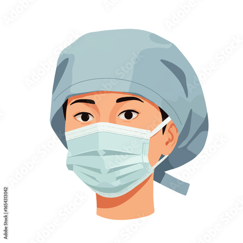 A stylized illustration of a healthcare worker wearing protective gear.