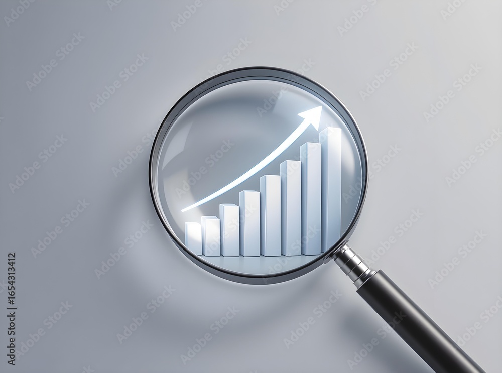 3d render of a magnifying glass with a series of 3d bar charts rising with a subtle upward glowing arrow effect inside the lens. 3d render of a magnifying glass with a series of 3d bar charts rising with a subtle upward glowing arrow effect inside the lens.