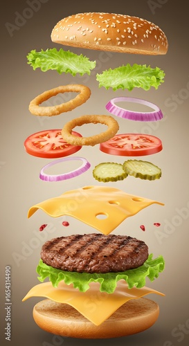 Exploded cheeseburger layers with lettuce, tomato, onion rings and pickles