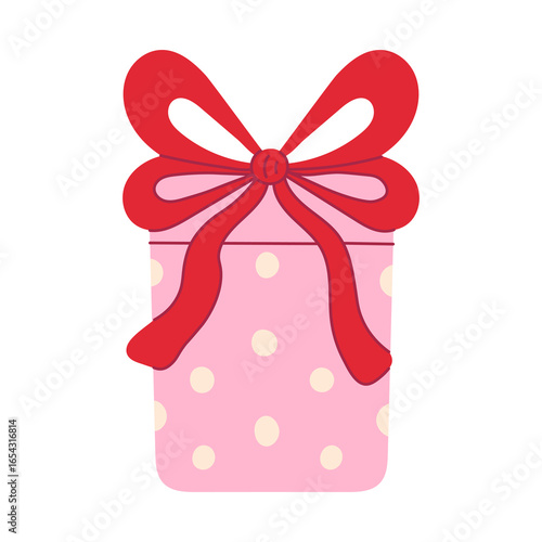 Romantic Gift box with Ribbon Bow. Cute pink Present with red tied knot. Hand drawn playful decorative clipart for festive projects, packaging, and cards.
