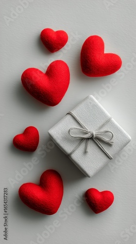 Gift Box Surrounded by Red Heart Decorations for a Celebration of Love.