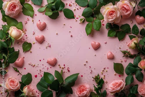 Romantic Arrangement of Pink Roses and Heart-Shaped Decorations on a Soft Bac...